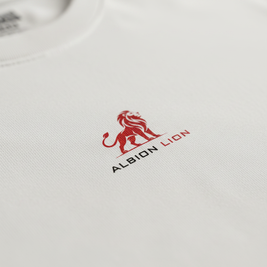 Albion Lion DTG chest logo close-up