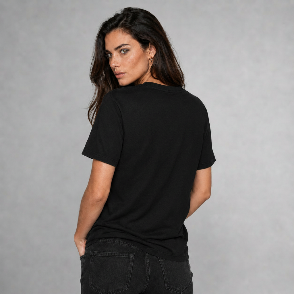 Kobieta – plain black tee, bez grafiki
